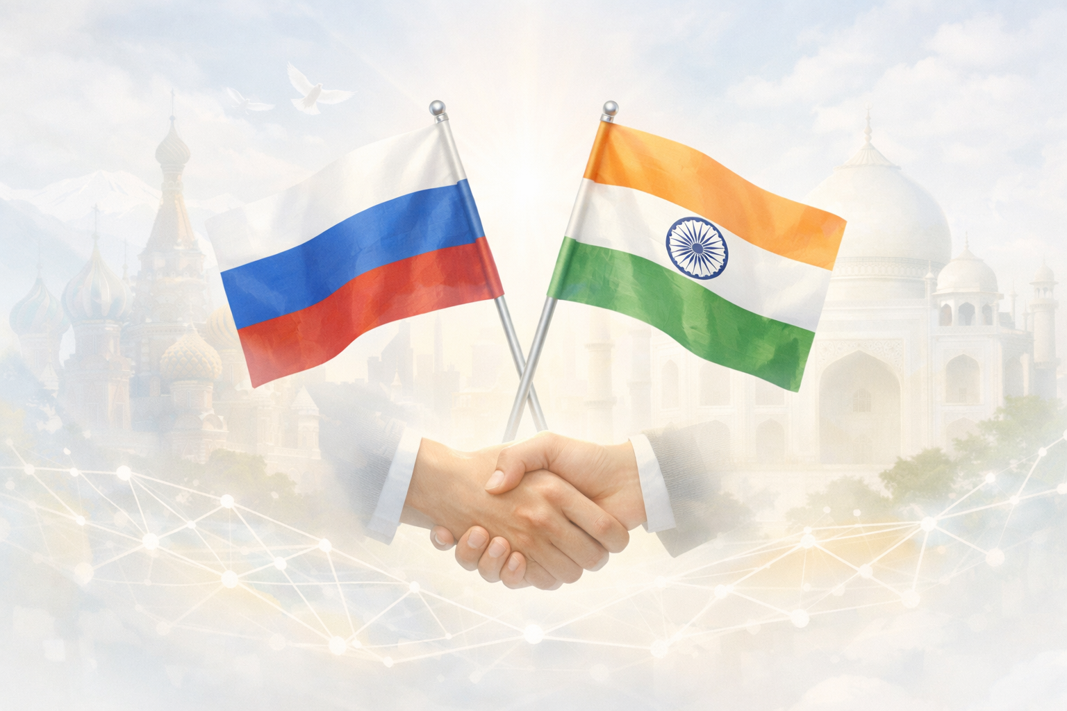 Символическое рукопожатие и флаги России и Индии